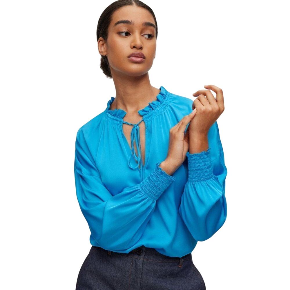 BOSS $398 relxed fit stretch silk blue blouse with tie front shirred cuffs Sz 6